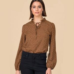 SOLD BlushMark Brown and White Polka Dot Tie Blouse 🤎